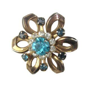 MCM Brooch Pin Goldtone Vintage 1960 Starburst Sunburst MOD Rhinestone Flower